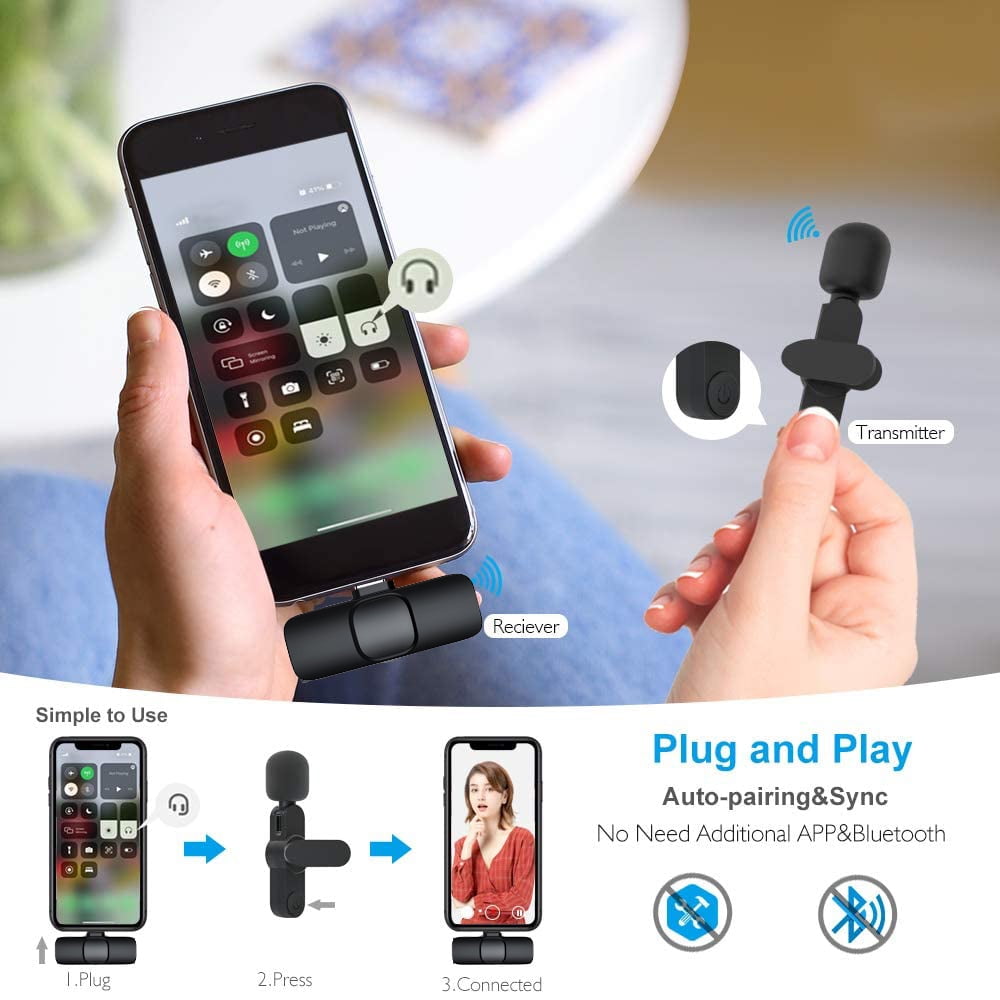 Wireless Lavalier Microphone, Wireless Lapel Mic for YouTube, Facebook Live Stream, Audio/Video Recording Compatible for iPhone/iPad, Auto-syncs Mic for Vloggers, Interview