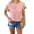 thumbnail image 3 of Blusas de Verano para Mujer, Camisetas Casuales de Corta, Cuello Redondo, Blusas Bohemias con Estampado Floral de Crochet. Rosa L, 3 of 10