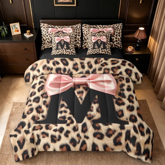 Erosebridal Chic Cheetah Printed 7-Piece Twin Bedding Sets For Kids,Black Letter M Monogrammed Bedding Comforter Set,Black Reversible