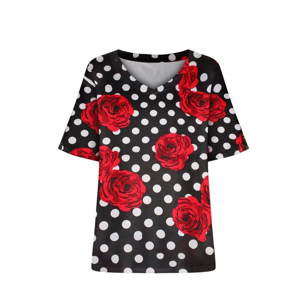 Camiseta de manga corta plisada elástica con cuello en V y estampado floral de talla grande para mujer OAVQHLG3B Store lin121212
