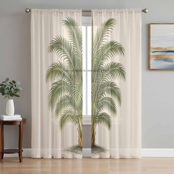 Tropical Palm Tree Sheer Curtains 84 Inch Length 2 Panels Set, Summer Coastal Leaves Rustic Plants Voile Window Treatment Rod Pocket Curtains Sheers Drapes for Bedroom/Living Room/Kitchen 52"x84"x2