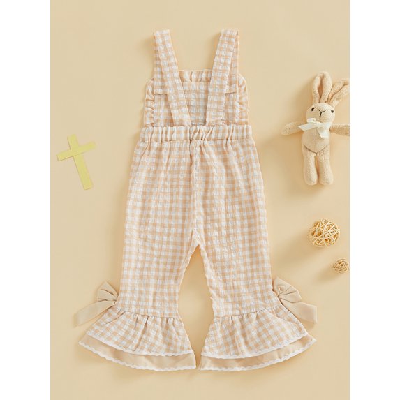 Toddler Baby Girl Easter Outfit One Piece Easter Overalls Bunny Embroidery Romper Flare Pants Sleeveless Plaid Bow Bell Bottom Jumpsuit