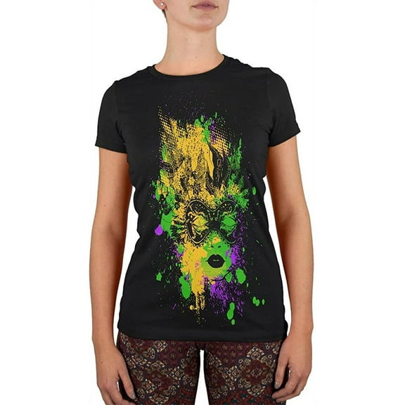 Mardi Gras Carnival Mask Splatter Black Juniors Soft T-Shirt - X-Large