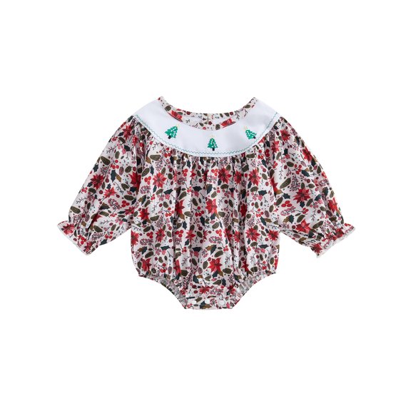 Newborn Baby Girl Christmas Outfit Floral Print Smocked Bubble Romper Candy Cane Embroidery Xmas Holiday Clothes