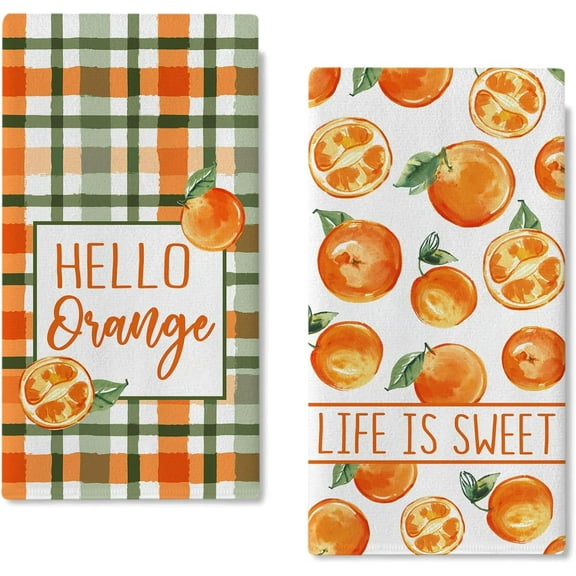 Hello Orange Spring Summer Kitchen Dish Towels Set of 2, Life is Sweet Fruit Hand Towels Drying Baking Cooking Cloth, Plaid Check Farmhouse Seasonal Home Kitchen Decor 18x26 Inch