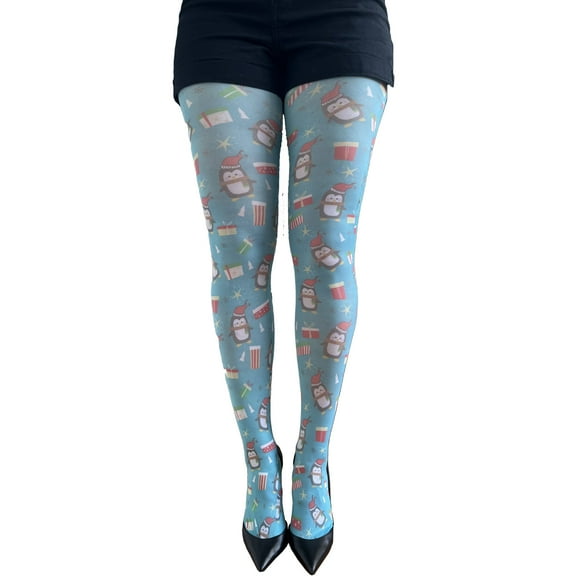 Christmas Penguin light blue patterned tights for all women