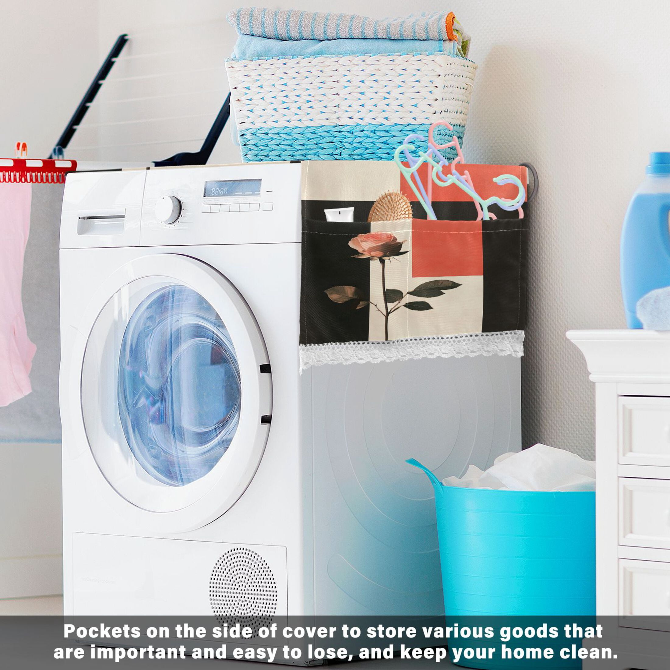Pink RoseWasher and Dryer Covers Dust-Proof and Oil Resistant Fridge Cover with 4 Storage Pockets Washing Machine Top Cover for Laundry Kitchen Home 51.2 x 22 In