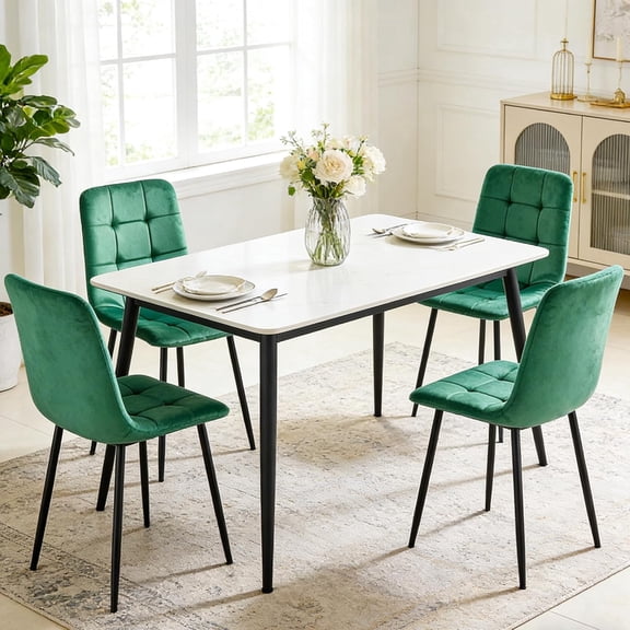 Set of 4 Modern Dining Chairs, Green Velvet Upholstered Armless High Back Chair for Kitchen Living Room