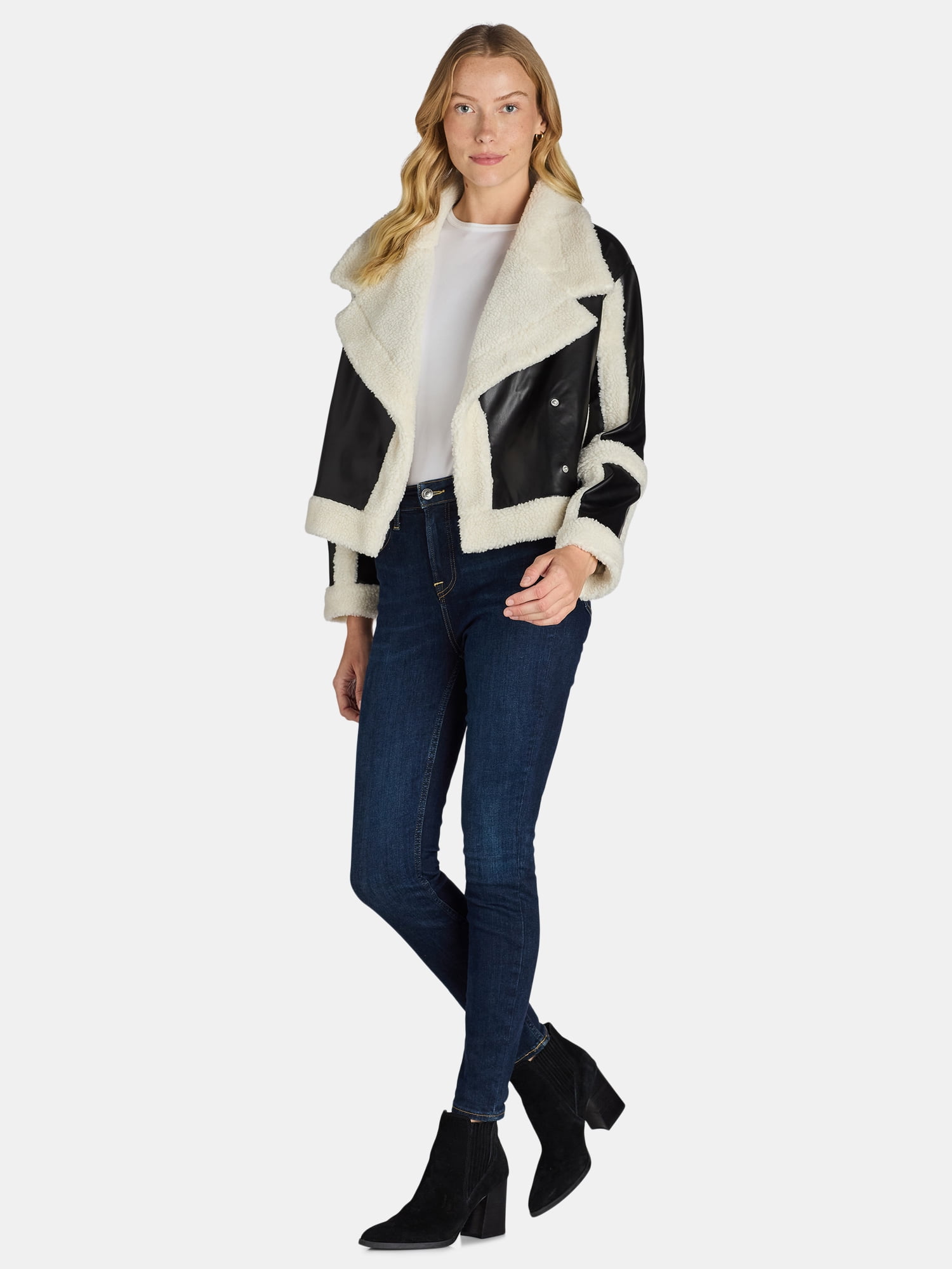 Madden NYC Women's and Women's Plus Faux Shearling Moto Jacket