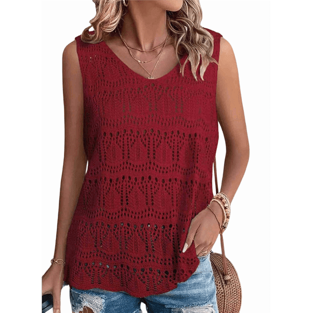 Camiseta Sin Mangas de Verano para Mujer, , con Cuello en V y Crochet, Color Rojo, Talla S