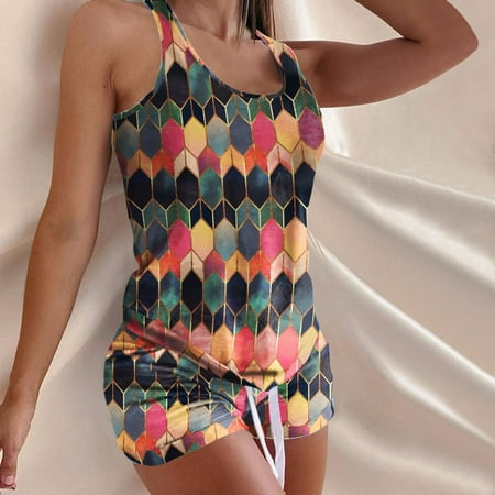 

Feiboyy Summer Ladies Pajamas Set Casual Undershirt With Shorts Sleeveless Nightwear Sleepwear Casual Home Wear