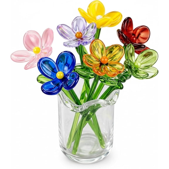 7Pcs Glass Flowers With Stems, Colorful Crystal Flowers In Vase, Handmade Glass For Home Decor, Women, Mom, Wedding, Mother's Day(RL)