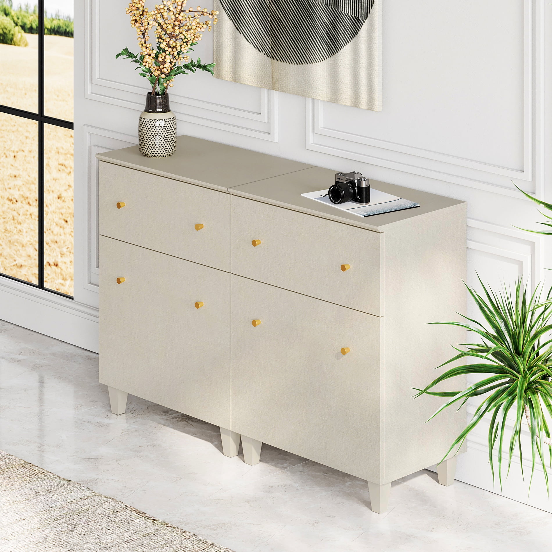 Set of 2 Storage Cabinets with Drawer and Door for Living Room Entryway, Beige Side Organizer Floor Cabinet with Adjustable Shelf, 32.4" H, 2 Packs