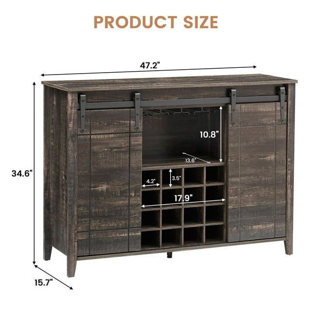 EDTara Coffee Bar Cabinet,47" w/16 Wine Glass Rack, Storage Shelves Farmhouse Wine Bar Sideboard w/Sliding Barn Door Kitchen Buffet Cabinet w/Storage Shelves for Dining Room