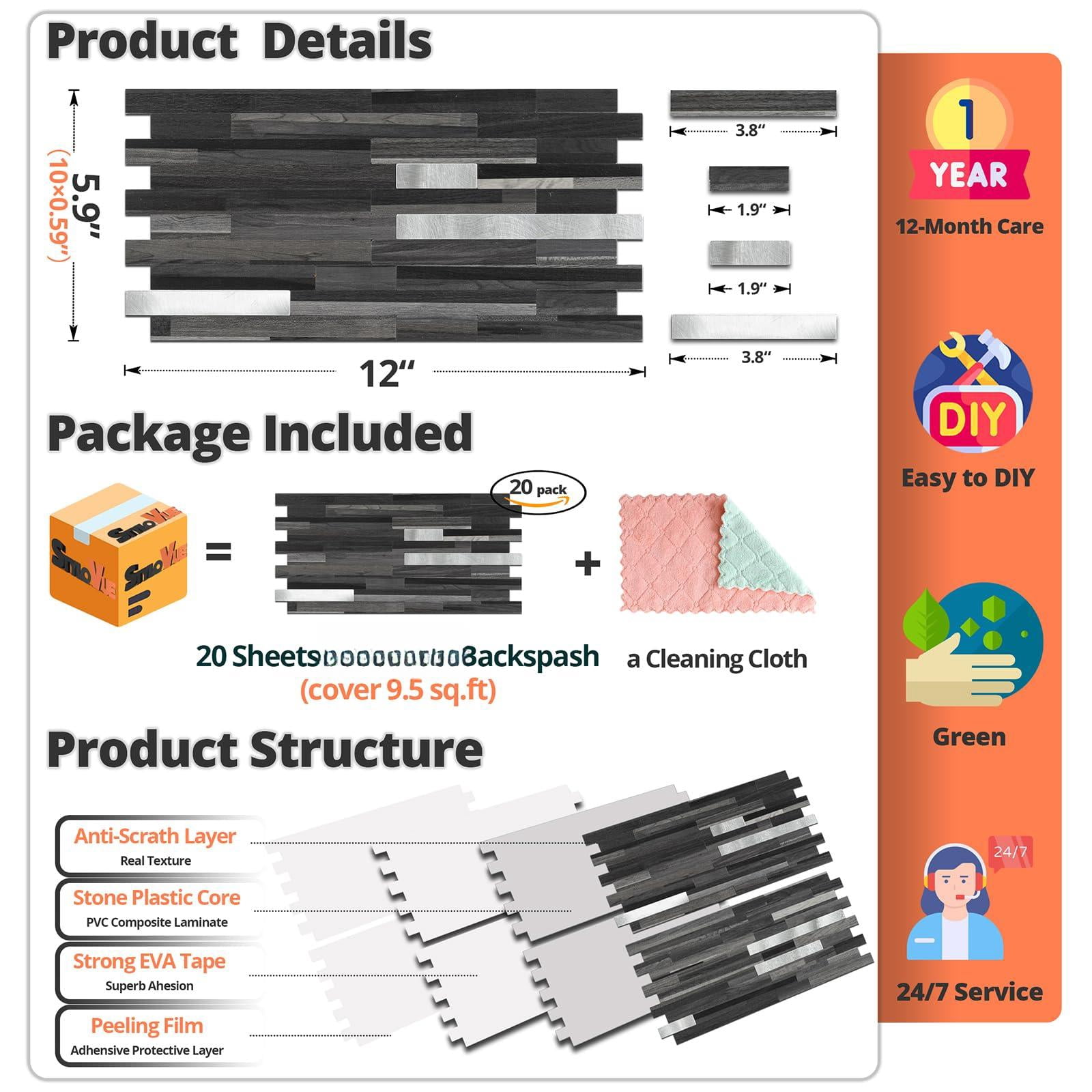 20 Sheets Peel And Stick Tile Backsplash  Black With Metal Look On Upgrade Your Kitchen Rv Fireplace
