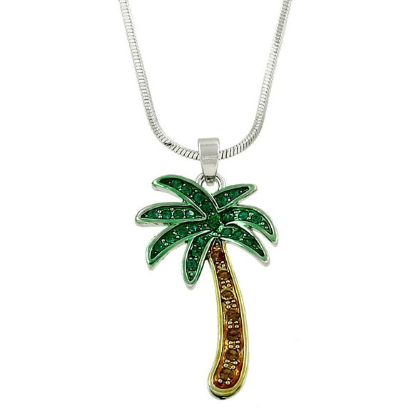 Palm Tree Pendant Necklace Green Rhinestone Crystal Rhodium Plated 17 Inch Snake Chain J0304-GRN