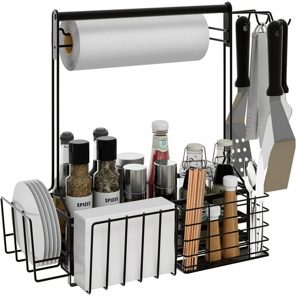 BBQ Grill Caddy with Paper Towel Holder Camper Accessories Condiment Caddy,Plates, Cutlery Caddy BBQ Organizer for Camping, Kitchen, Party