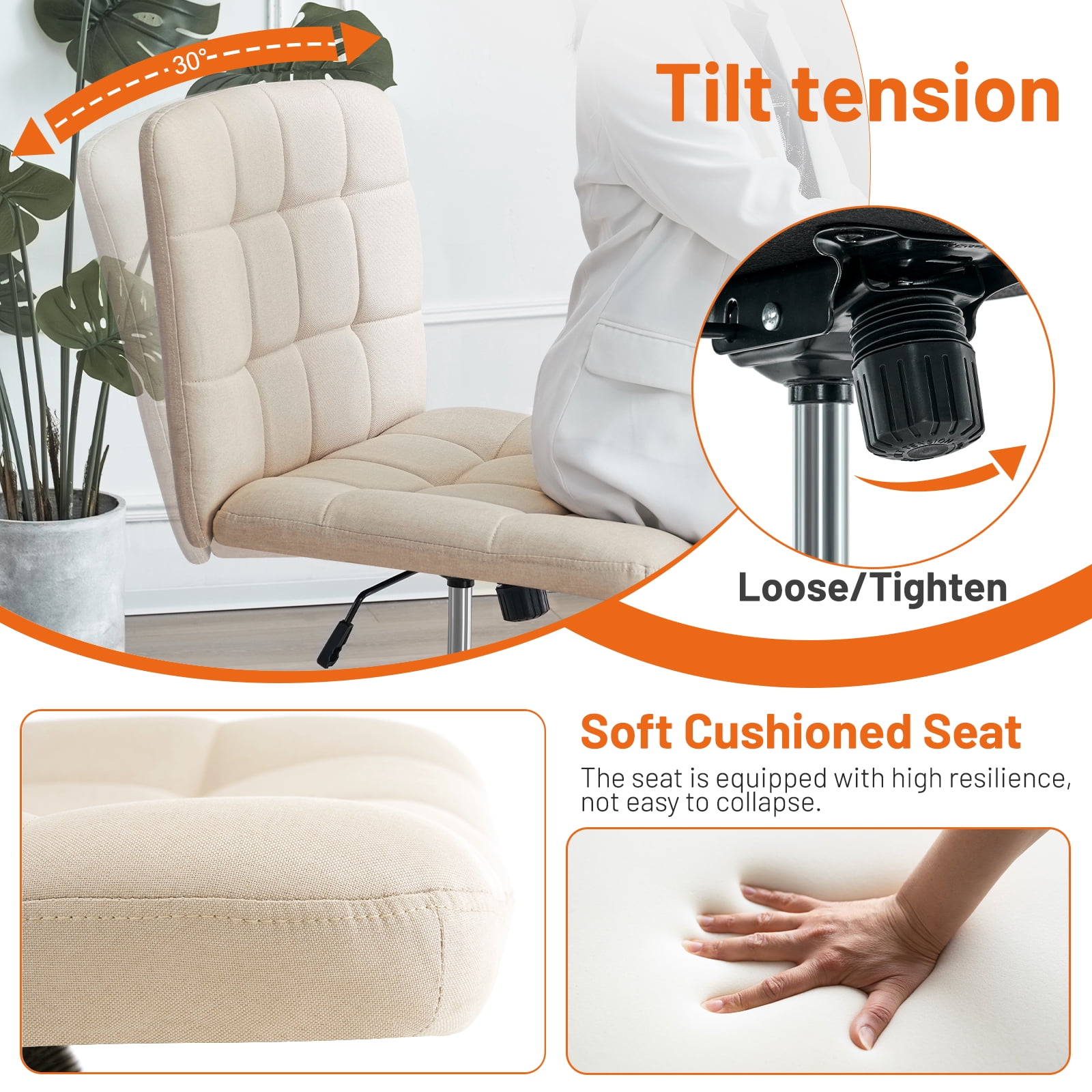 Furniliving Home Office Desk Chairs with Wheels Wide Desk Chair Mid Back Vanity Chair Modern Computer Desk Chair Swivel Accent Chair, Beige