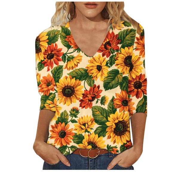 IROINNID Deals Women's Long Sleeve V-Neck Shirts Comfy Printing Loose T-shirt 3/4 Sleeves Blouse V-Neck Tops,Orange
