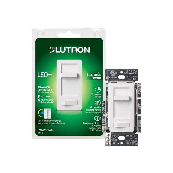 Lutron LECL-153PH-WH Dimmer Switch Lumea White 150W for CFL and LED / 600W for incandescent and halogen W 3-Way 1 White