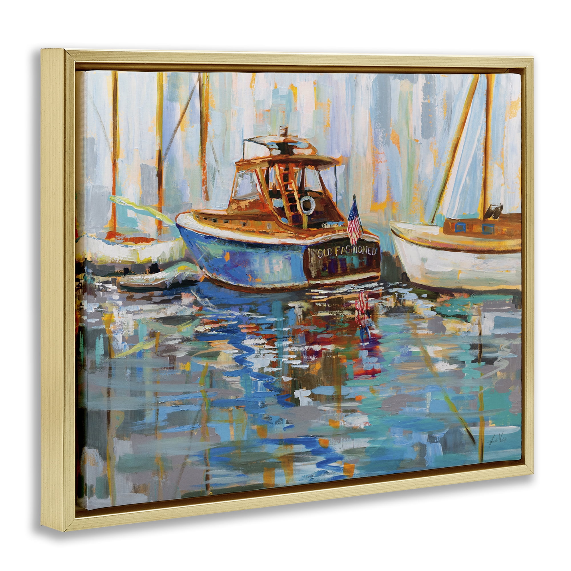 Stupell Industries Old Fashioned Boat Harbor Nautical & Beach Painting Gold Floater Framed Canvas Art Print Wall Art, 21 x 17