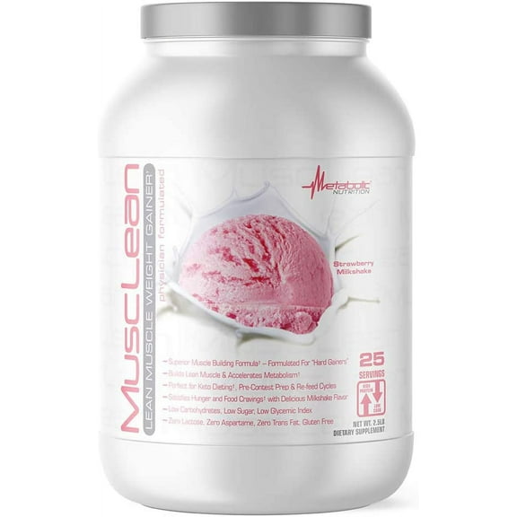 Metabolic Nutrition - Musclean - Strawberry Milkshake Weight Gainer, Whey High Protein Meal Replacement, Maintenance Nutrition, Low Carb, Keto Diet, Digestive Enzymes, 2.5 Pound (25 ser)