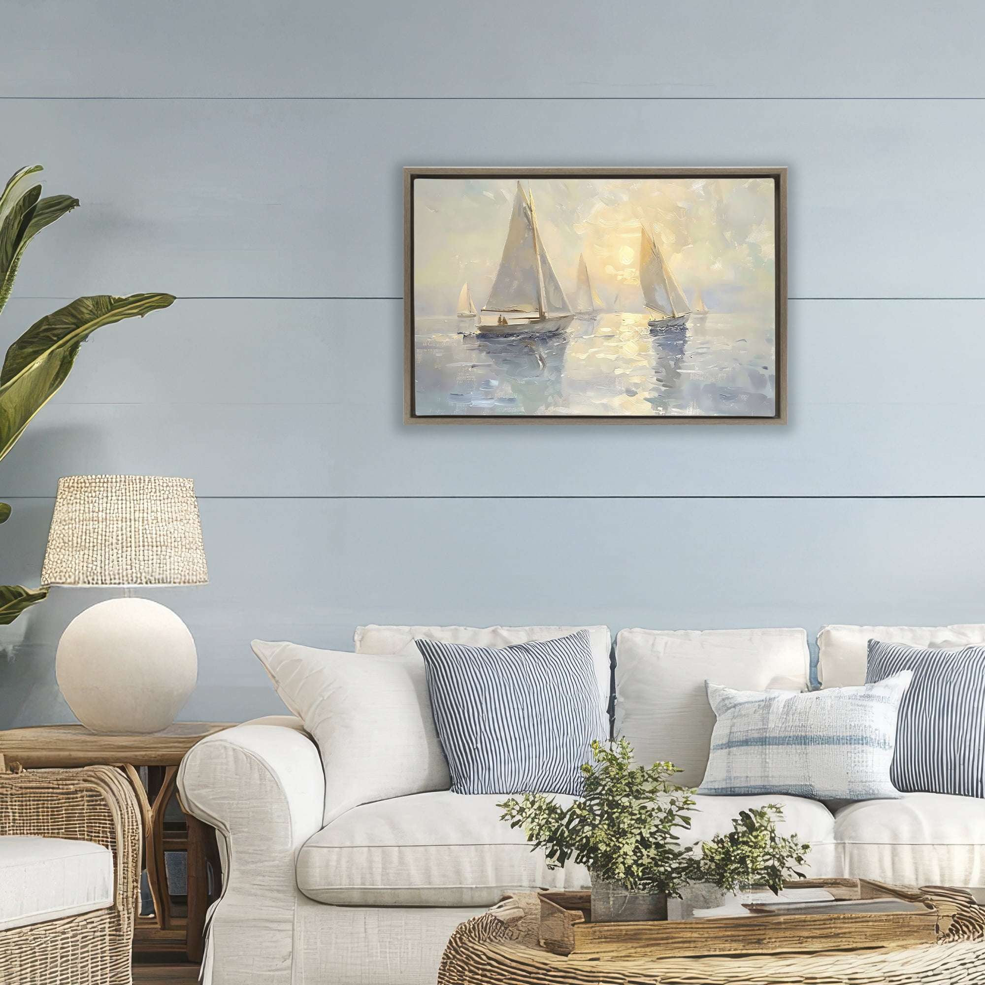 Stupell Industries Sunset Sailboats Glow Brown Framed Floater Canvas Wall Art, design by Creative Studio
