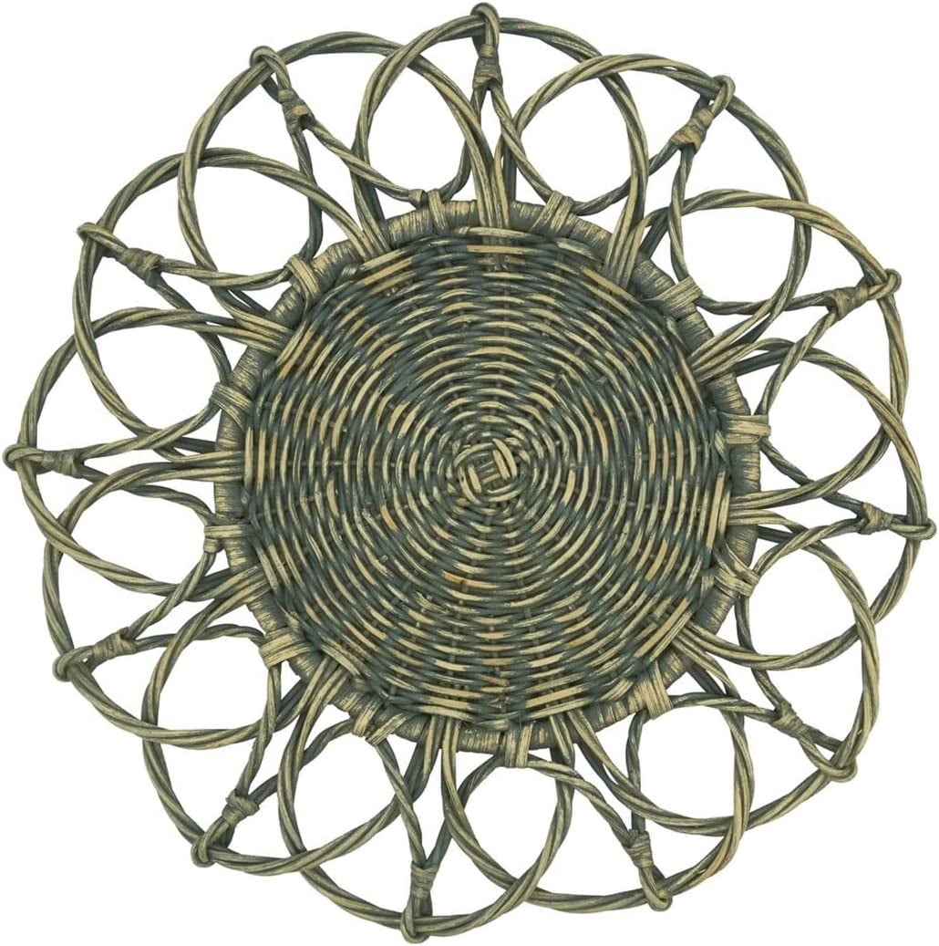 Fennco Styles Hand Twisted Rattan Placemat 15" Round, 1- Piece - Grey Boho Flower Table Mat Heat Resistant Insulation for Home, Boho Décor, Dining Table, Banquets, Special Events