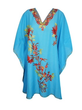 Mogul Womens Blue Cotton Embroidered Kimono Kaftan Short Dress Beachwear Bikini Coverup