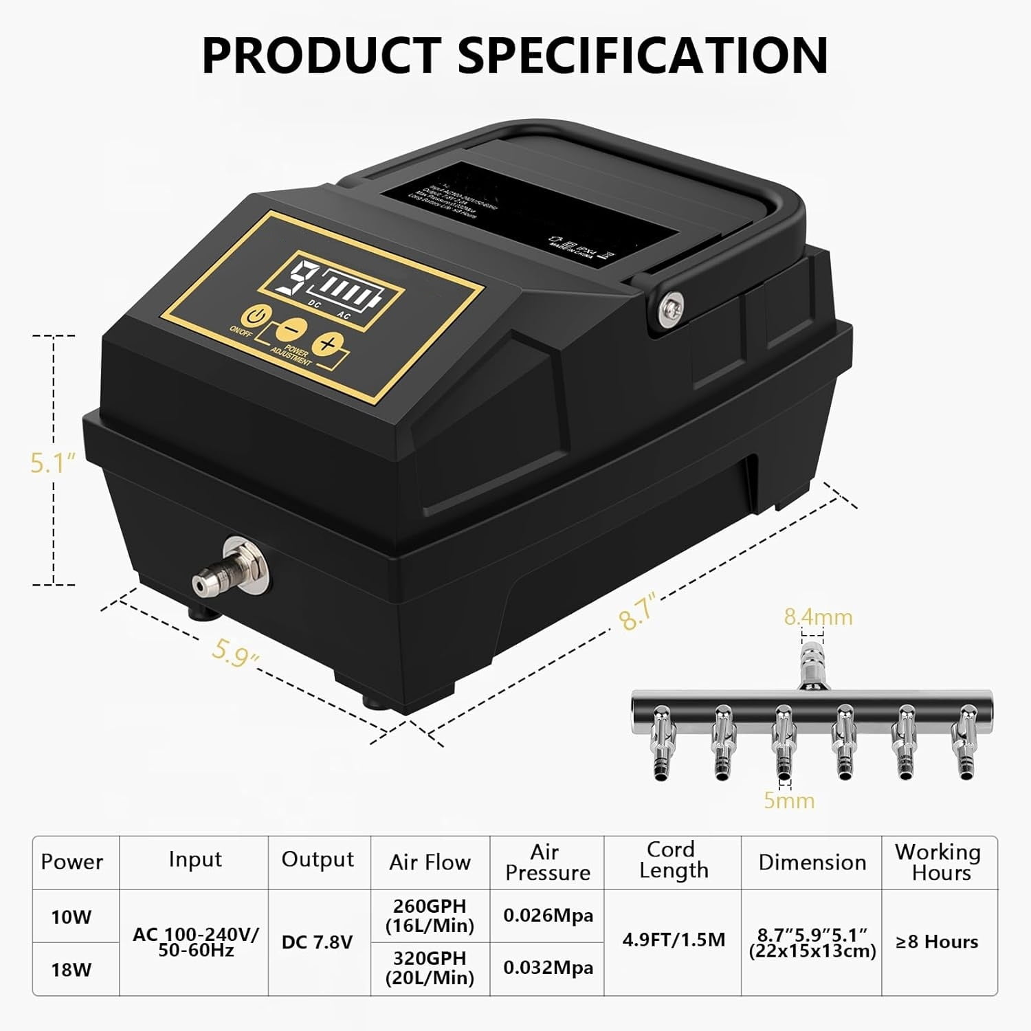 Waterproof Outdoor Pond Air Pump with 6 Outlers Large Aquarium Rechargeable Aerator Oxygen Pump Air Bubbler for Fish Tank Commercial Air Pump with Adjustable Airflow (18W, 320GPH)