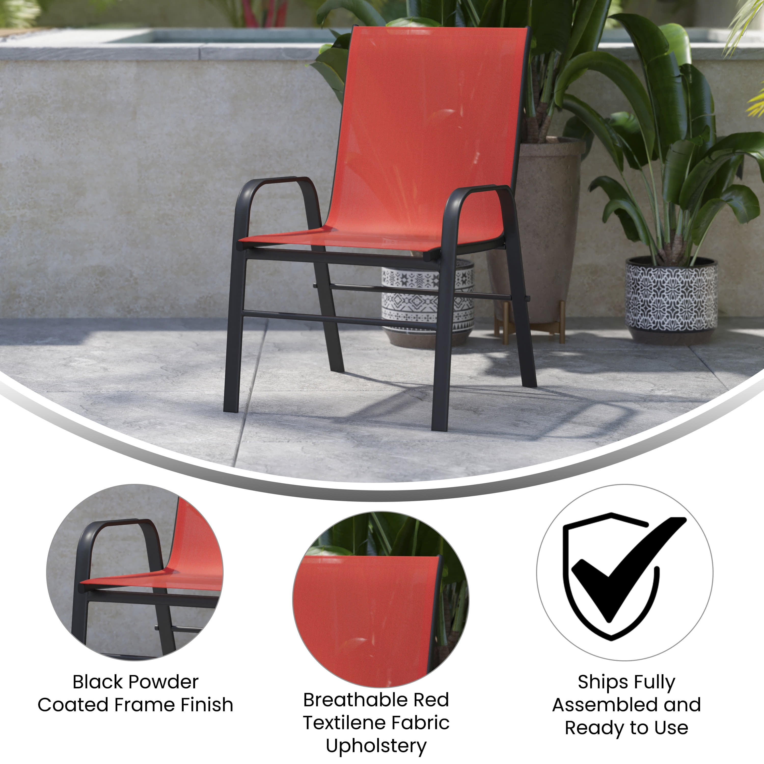Merrick Lane Set of 4 Series Metal Stacking Patio Chairs with Red Flex Comfort Material