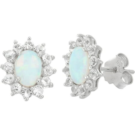 Created Opal and White Sapphire Sterling Silver Oval Halo Stud Earrings