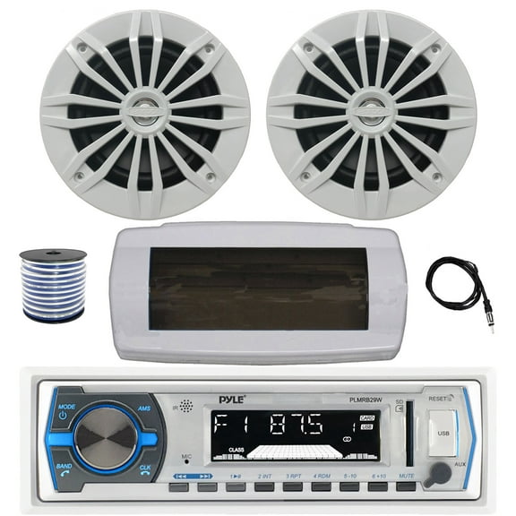 Pyle PLMRB29W Single DIN Bluetooth Marine MP3 AM/FM Stereo Receiver with White Cover, 22" Radio Antenna, Wire, 2x 6.5" 180 Watt Max Power 2-Way Water Resistant Audio Speakers (White)