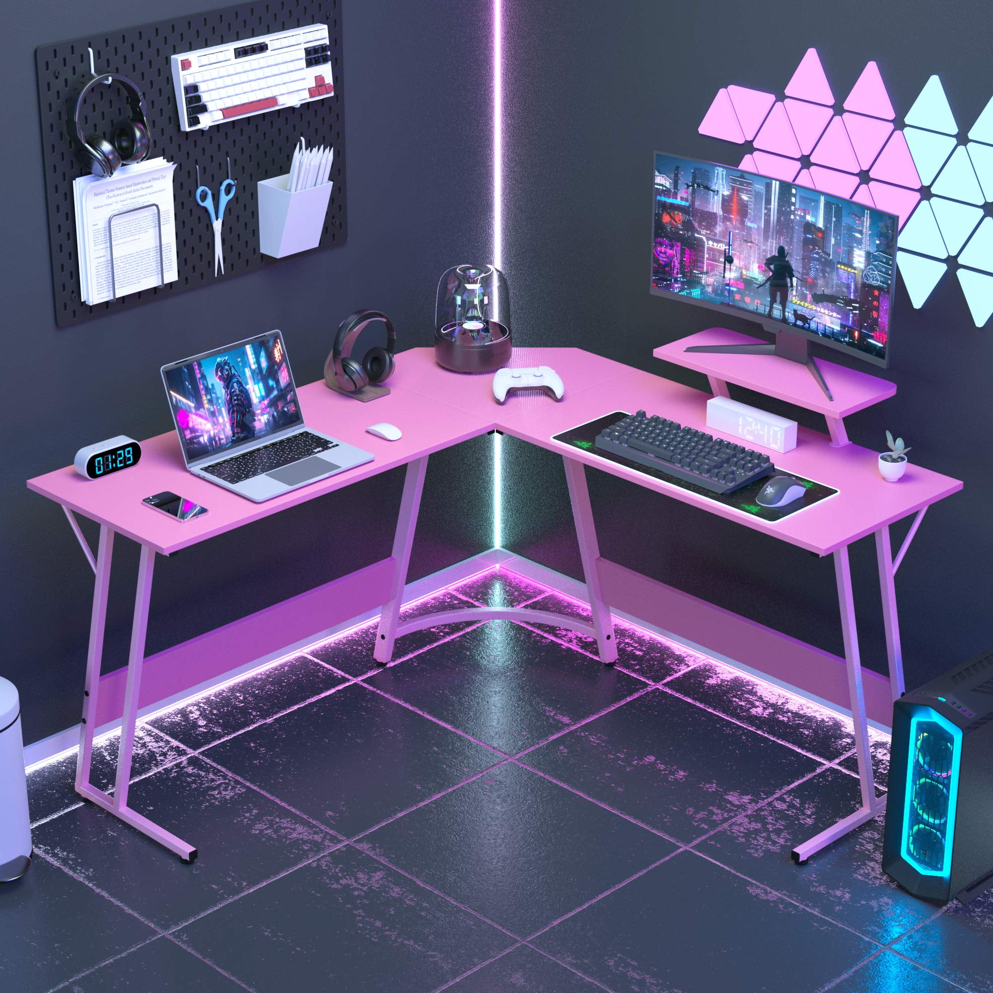 CL.HPAHKL L Shaped Gaming Desk, Gaming Corner Desk with Monitor Riser Stand 50 Inch PC Desk Computer Table Desk with Large Desktop Studying and Working and Gaming for Home and Work Place, Pink