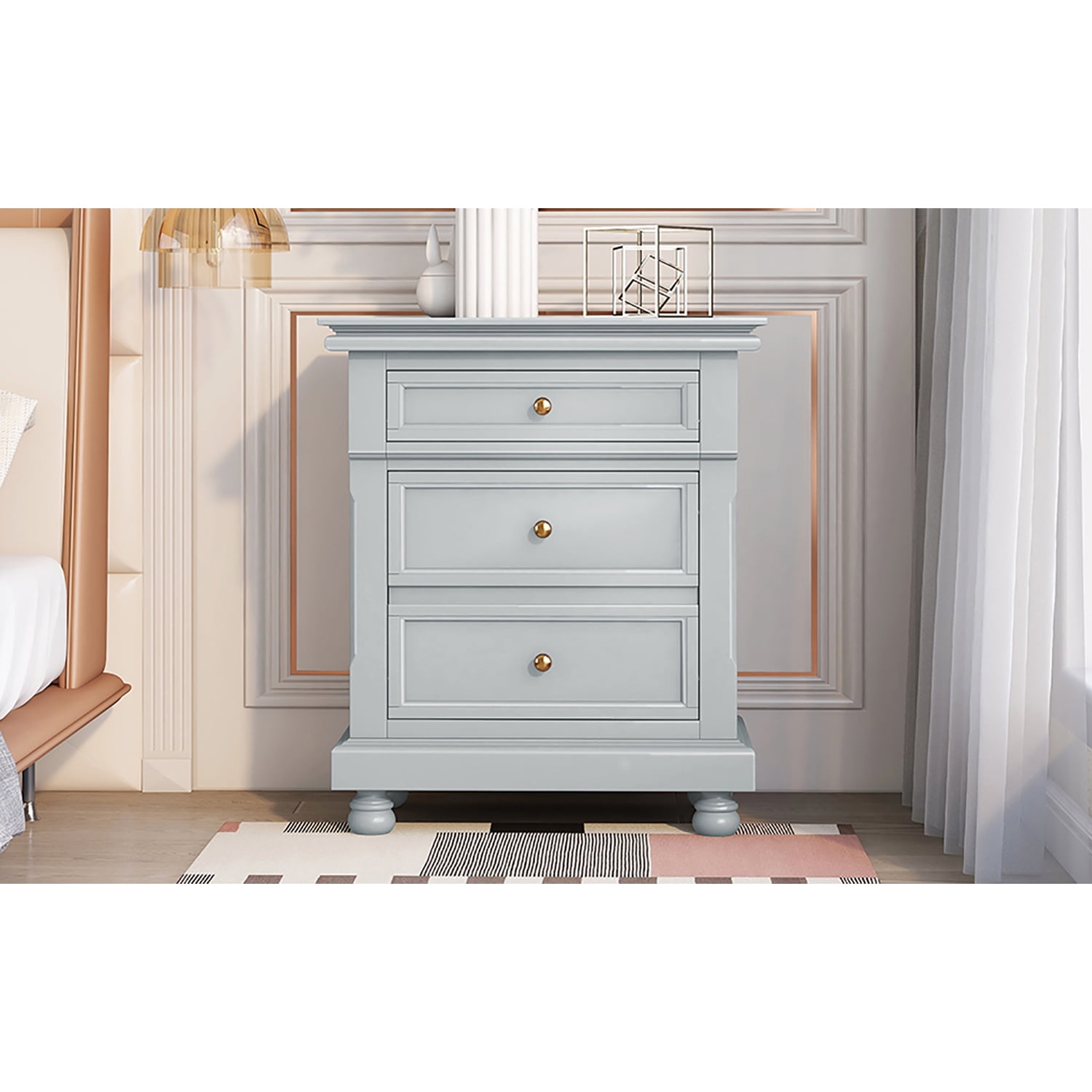 Kadyn Modern 3 Drawers Nightstand, Storage End Table with Gold Metal Handle, Bedside Table for Living Room and Bedroom, Gray Kadyn Modern 3 Drawers Nightstand, Storage End Table with Gold Metal Handle, Bedside Table for Living Room and Bedroom, Gray