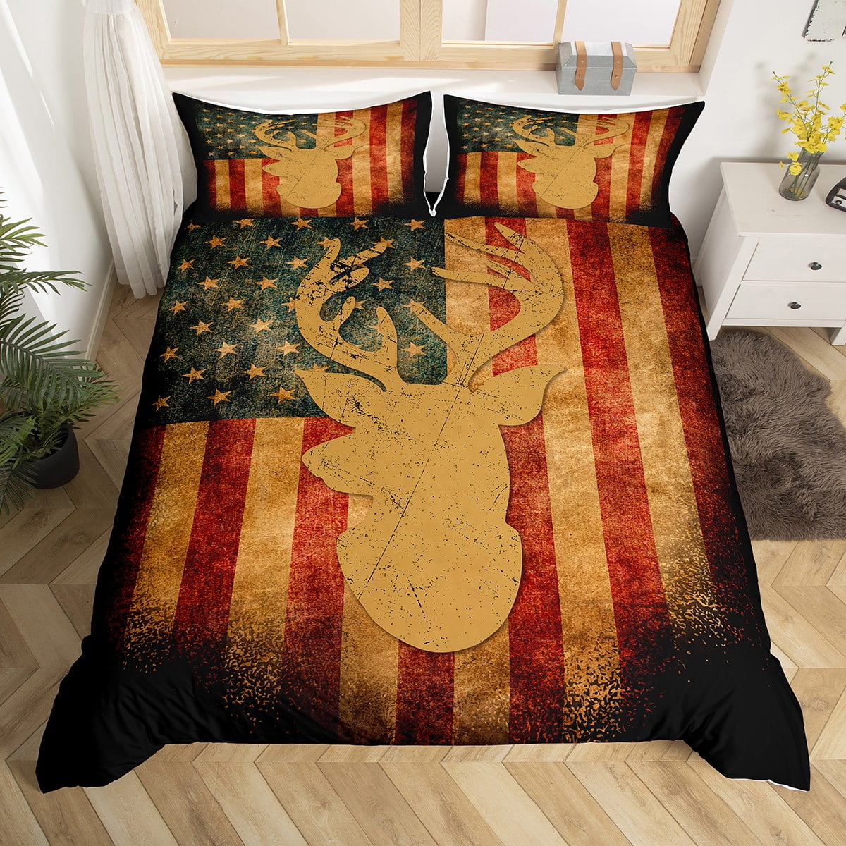 YST Hunting Deer Bedding Sets Queen Retro American Flag Comforter Cover