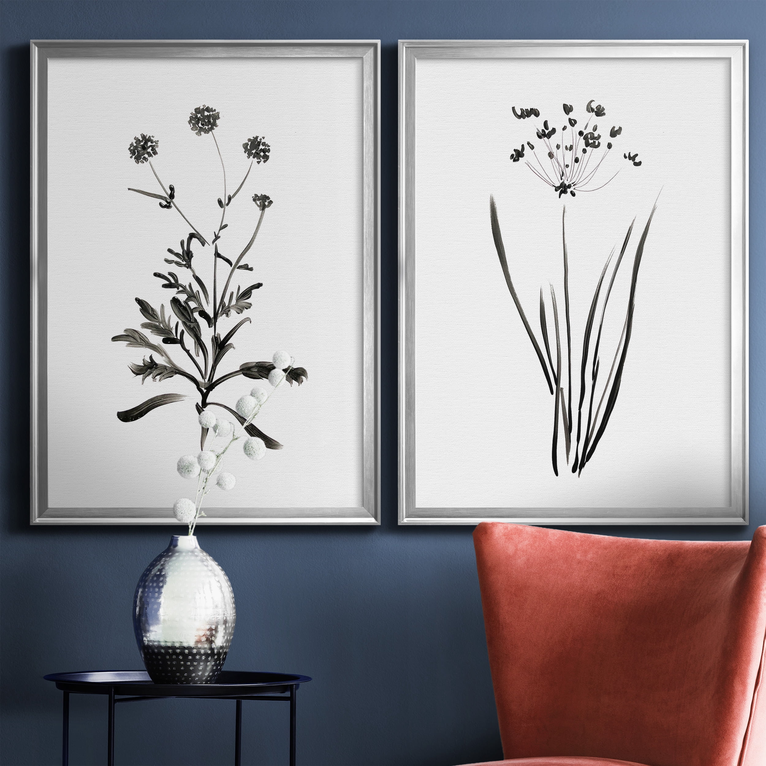 2 Piece Set Inky Botanical I Premium Framed Canvas - Ready to Hang - 26.5 x 36.5 Each - Silver Frame