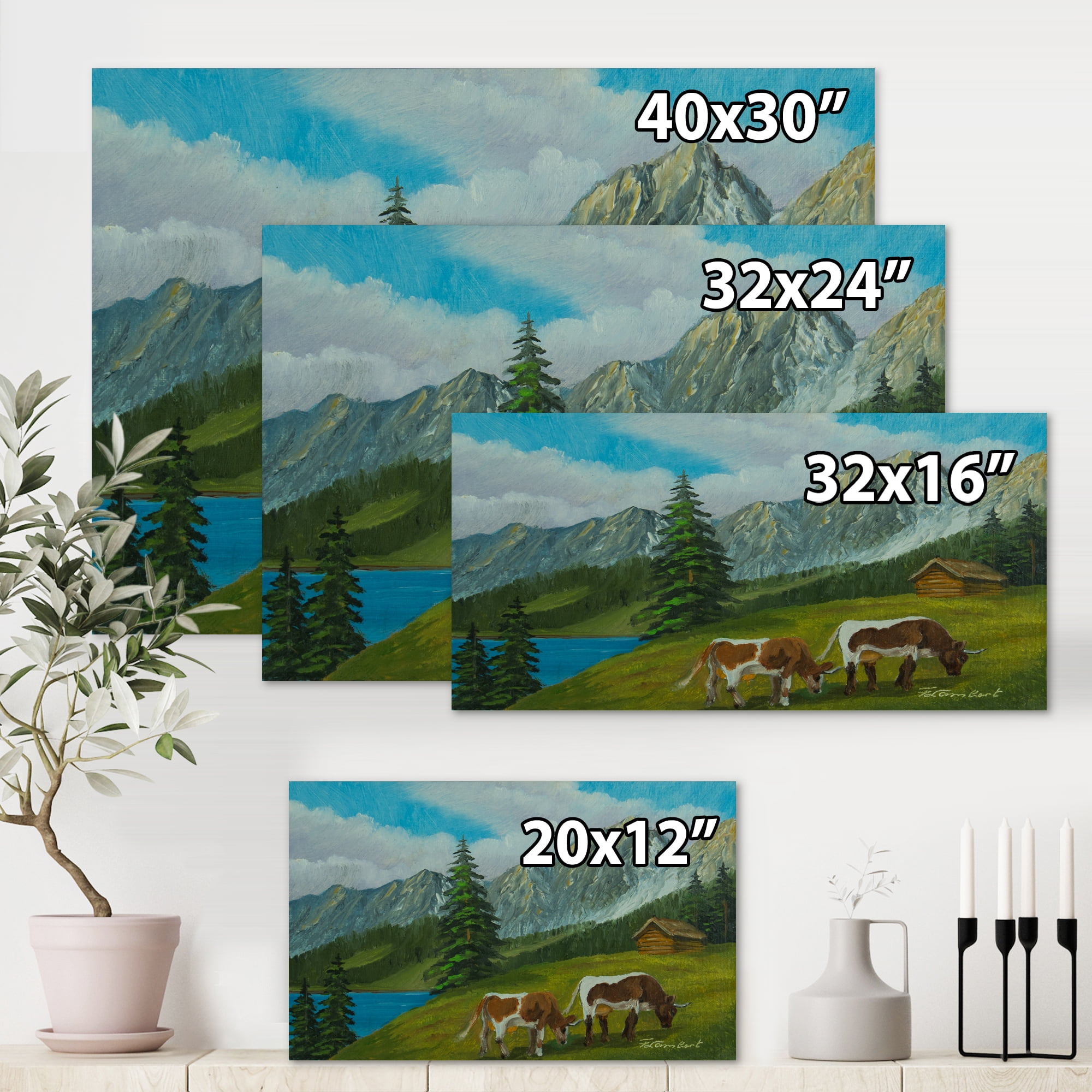 Designart ' Cows On A Green Meadow With Mountain Landscape With ' Farmhouse Canvas Wall Art Print