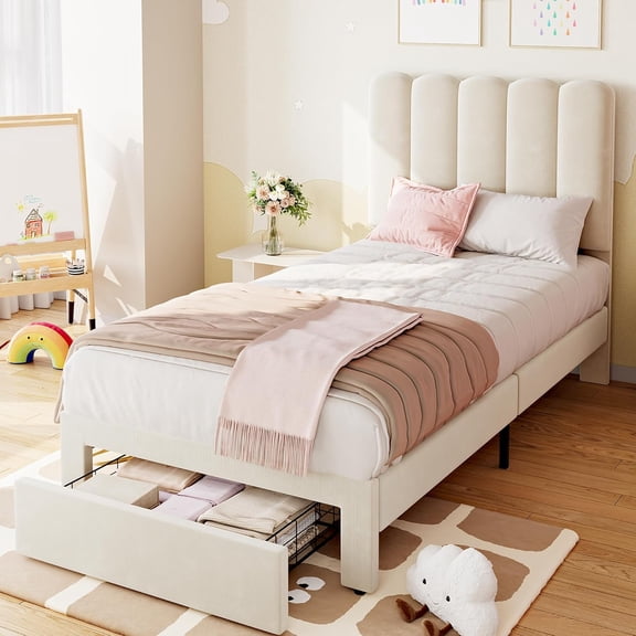 Twin Bed Frame with Storage Drawer and Headboard, Velvet Upholstered Twin Platform Bed Frame for Girls, Strong Wooden Slats Support, Noise-Free, Easy Assembly (Beige)