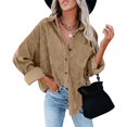 thumbnail image 4 of Brown Womens Tops Womens Corduroy Button Down Shirt Oversized Blouses Tops Long Sleeve Casual Warm Jacket with Pockets Going Out Tops for Women, 4 of 6