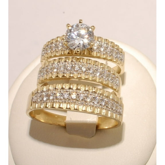 Bluebelljewels His & Her Trio Ring Set 2 Ct Round Cut Cubic Zirconia 14K Yellow Gold Finish