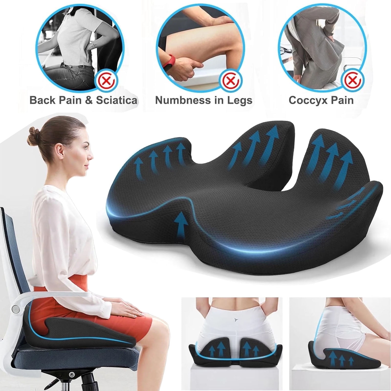 Ergonomic Seat Cushion for Office Chair Memory Foam Coccyx Pillow for Tailbone Pain Relief & Pressure Sciatica Desk Chair Cushion for Home Car Wheelchair Long Sitting Black
