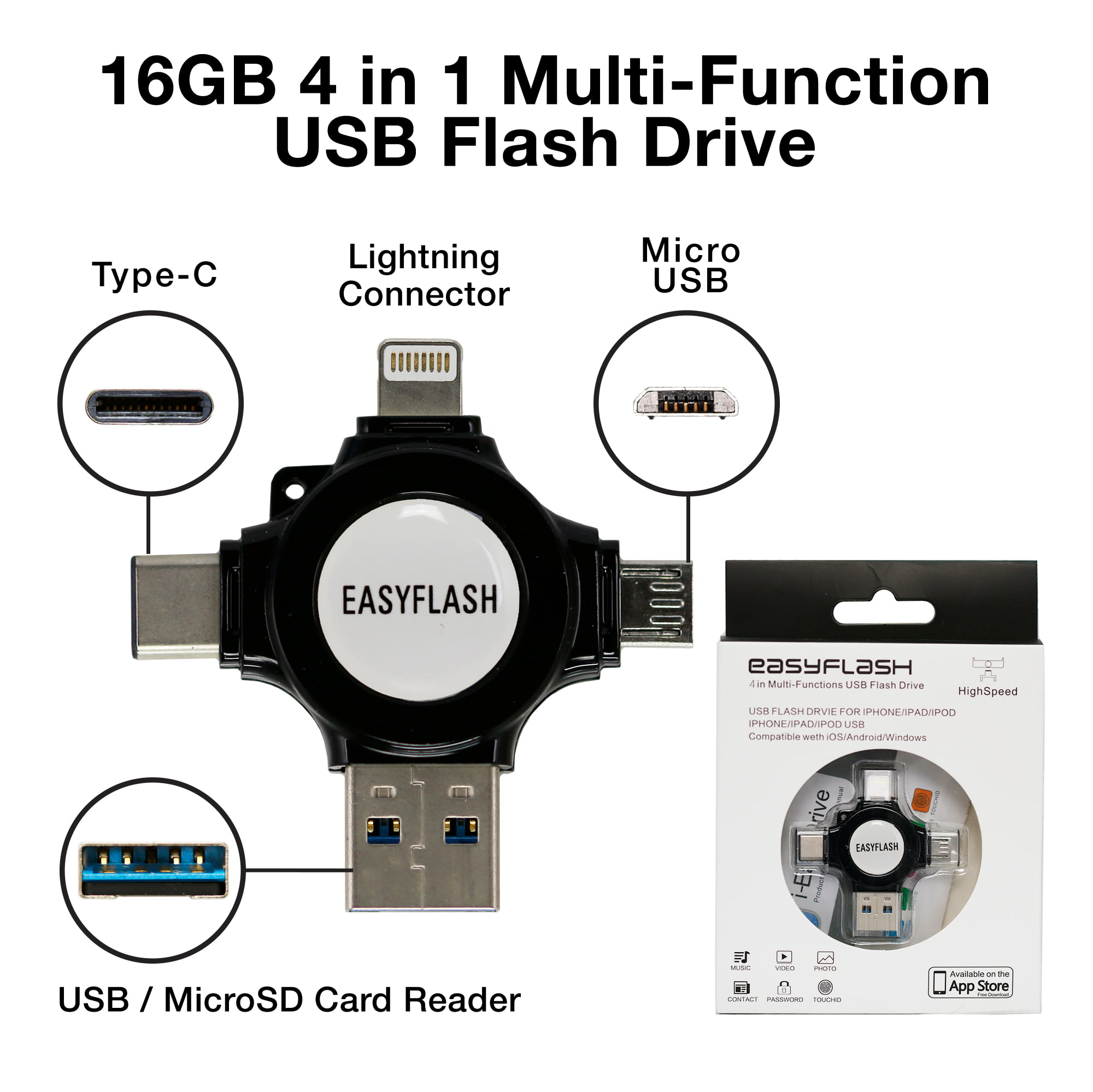 External Storage Expansion Flash Drive 4 In 1 for iPhone iPad Android Phone and Computer 16GB