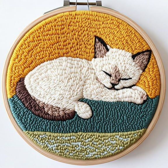 Punch Needle kits Cartoon Baby Birman Cat Sleeping on Sofa Easy for Beginners DIY Punch Needle Yarn Starter Embroidery Set for Craft lovers with Printed Pattern and Hoop for Home Decor 20x20cm(2)