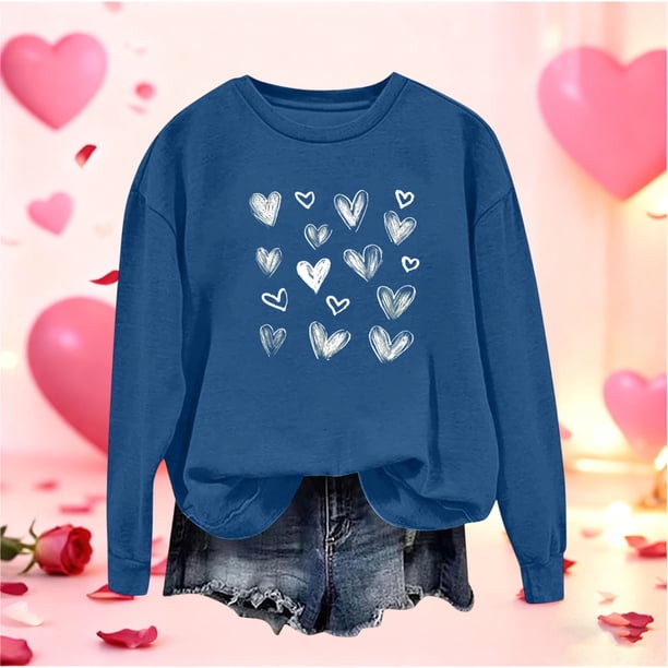 Xuyuer Valentine's Day Heart Print - Women's Loose Round Neck Long Sleeve Top for Casual Lover Themed Outfits, Cozy Seasonal Wear, Couple Matching Style & Romantic Gift Holiday Apparell