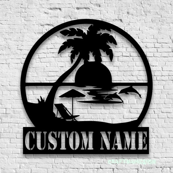 Craftnamesign Custom Palm Tree Sunset Metal Wall Art LED Light, Personalized Beach House Name Sign