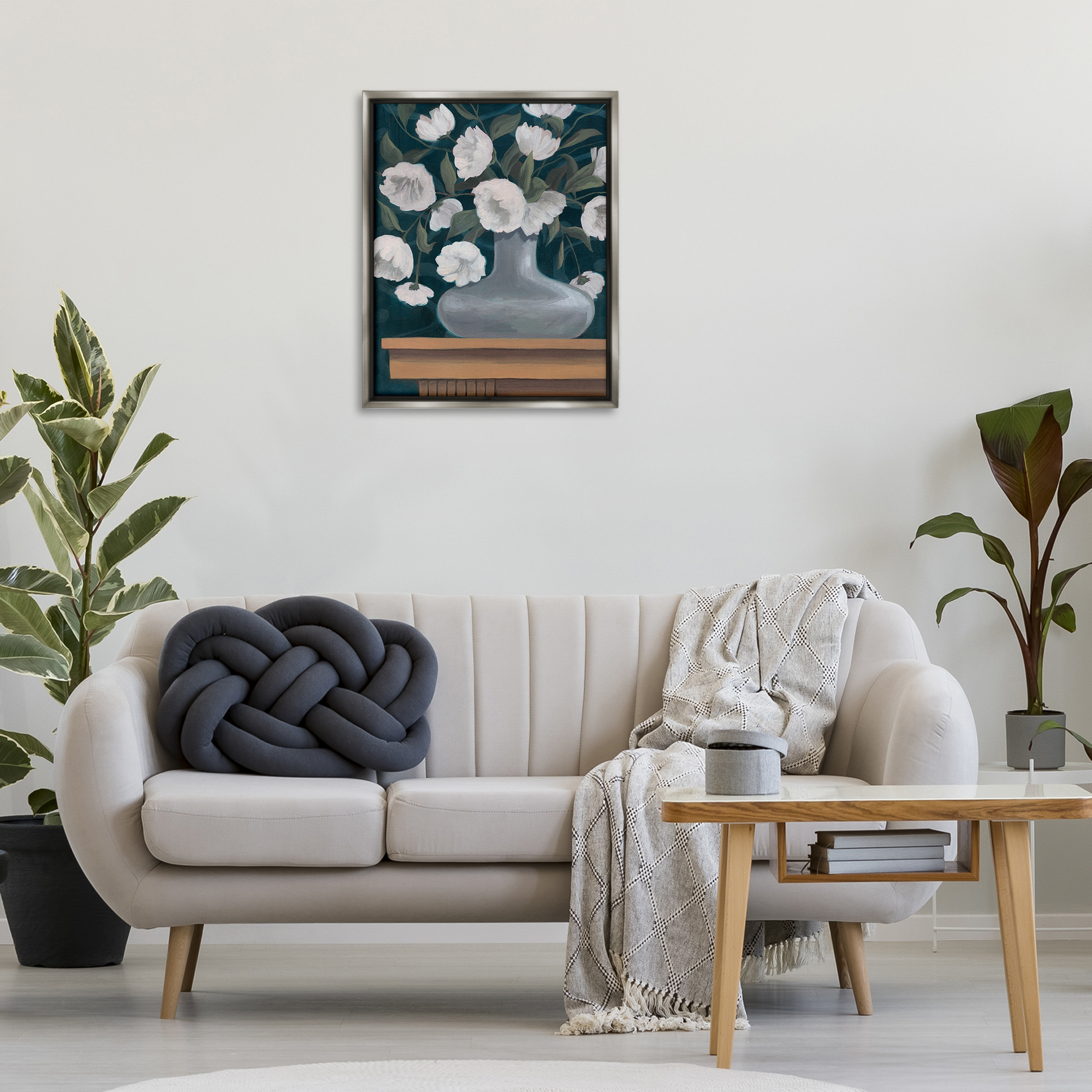 Stupell Industries White Flowers in Round Vase Plants & Flowers Painting Gray Floater Framed Canvas Art Print Wall Art, 25 x 31