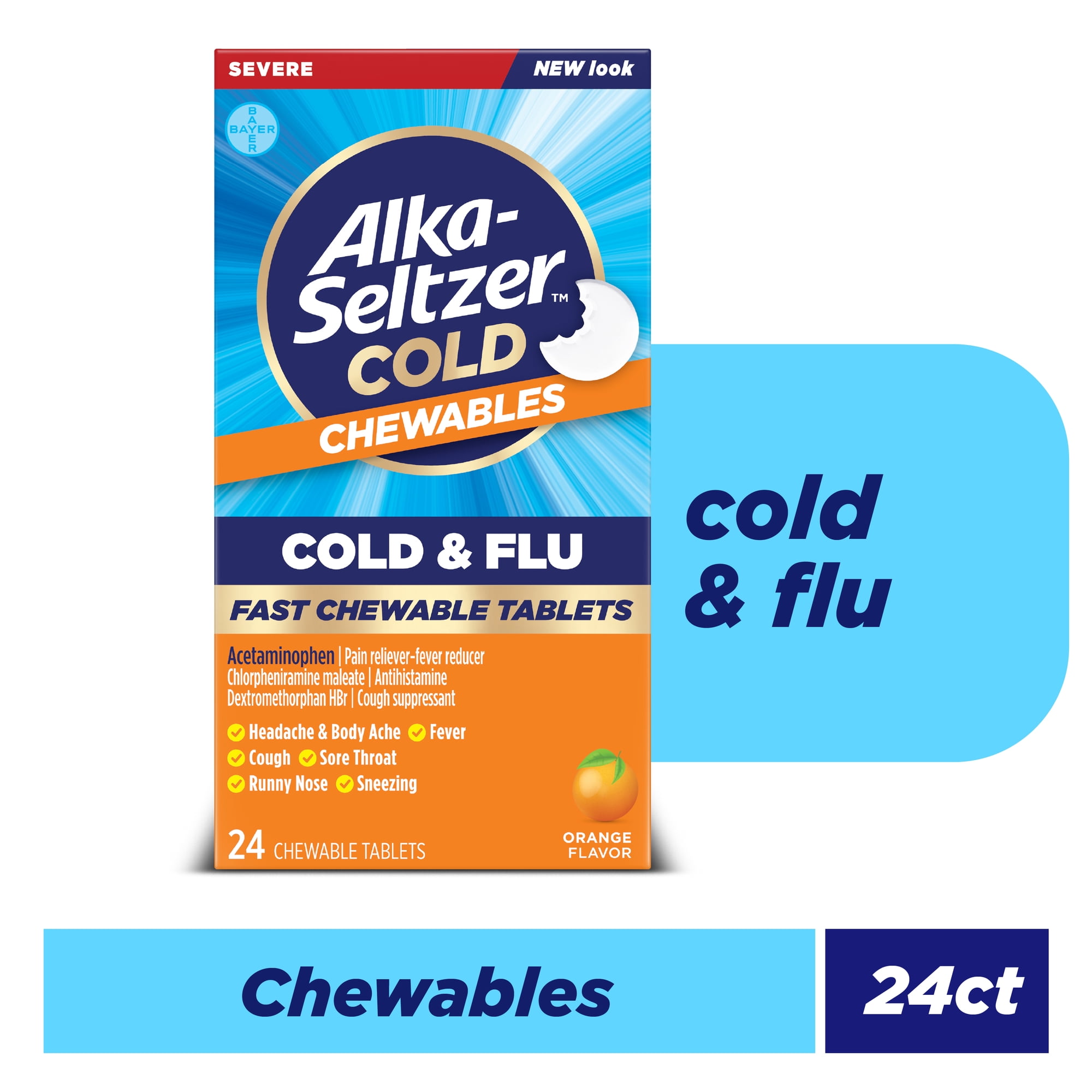 Alka-Seltzer Cold, Cold & Flu Sev Fast Chewable Tabs, No Water Needed, Orange, 24 Count