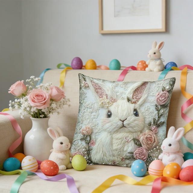 EGNMCR Pillow Cover Three-dimensional Printing Faux Embroidery Cute Rabbits Cushion Cover Digital Printing polyester Faux Embroidery Printed Throw Pillowcase