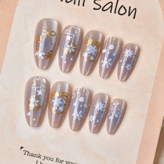 Christmas Press on Nails, 24PCS Almond Cat Eye Fake Nails with Blue Blush & Gilded Bows, Premium Glitter Nail Art Kit, Reusable DIY Manicure for Holiday Parties